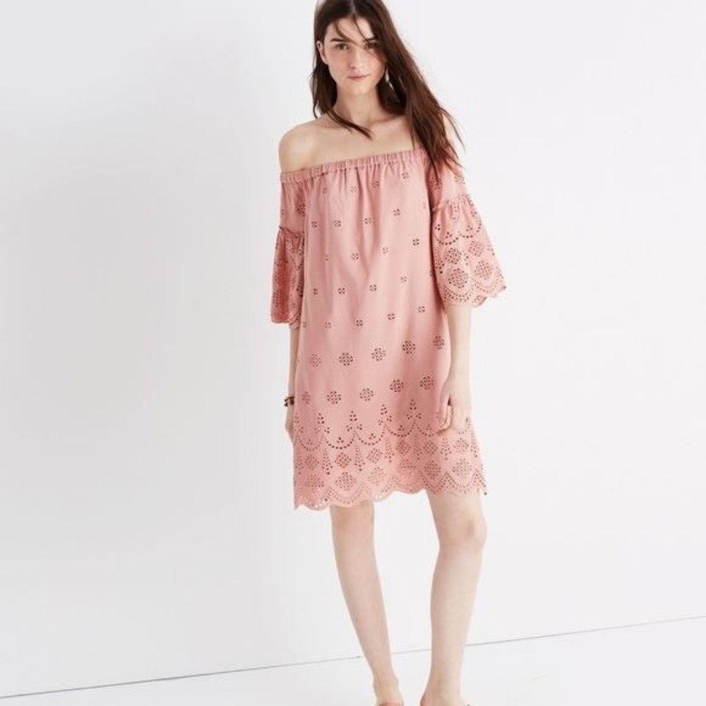 Madewell | Off the Shoulder Eyelet Mini Dress | Blush Pink | Women's 10